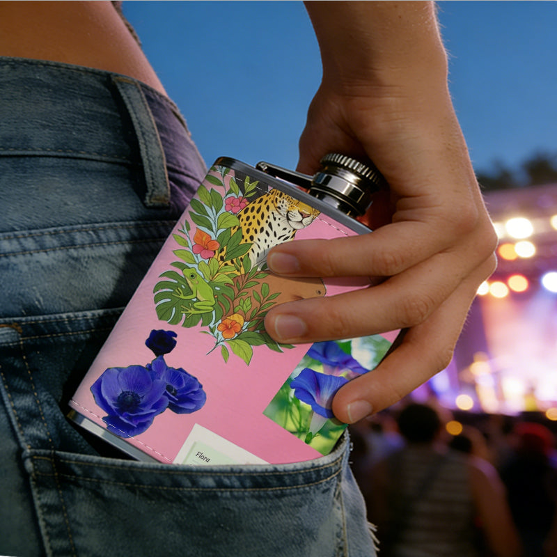 Parrot, flowers and potted plants on pink background Stainless Steel Mini Flask - Design for Valentine's Day, Christmas, Father's Day Gifts - Ideal for Him, Dad, Boyfriend (Compact Travel-Ready)