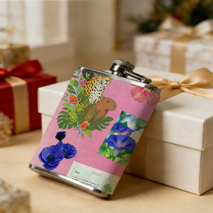 Parrot, flowers and potted plants on pink background Stainless Steel Mini Flask - Design for Valentine's Day, Christmas, Father's Day Gifts - Ideal for Him, Dad, Boyfriend (Compact Travel-Ready)