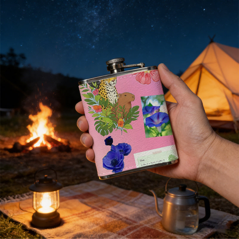 Parrot, flowers and potted plants on pink background Stainless Steel Mini Flask - Design for Valentine's Day, Christmas, Father's Day Gifts - Ideal for Him, Dad, Boyfriend (Compact Travel-Ready)