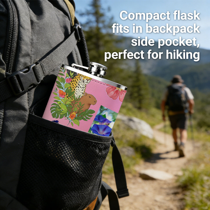 Parrot, flowers and potted plants on pink background Stainless Steel Mini Flask - Design for Valentine's Day, Christmas, Father's Day Gifts - Ideal for Him, Dad, Boyfriend (Compact Travel-Ready)