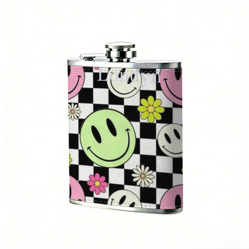 Checkerboard background with smiley faces and flowers Stainless Steel Mini Flask - Design for Valentine's Day, Christmas, Father's Day Gifts - Ideal for Him, Dad, Boyfriend (Compact Travel-Ready)