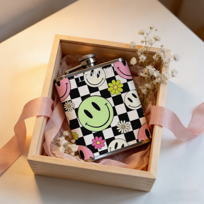 Checkerboard background with smiley faces and flowers Stainless Steel Mini Flask - Design for Valentine's Day, Christmas, Father's Day Gifts - Ideal for Him, Dad, Boyfriend (Compact Travel-Ready)