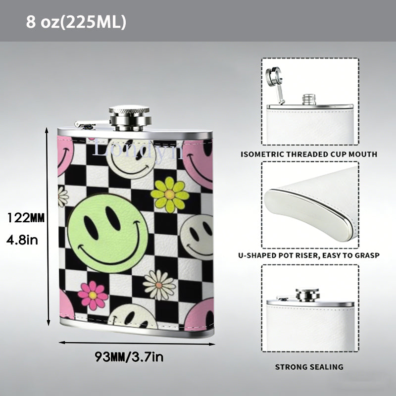 Checkerboard background with smiley faces and flowers Stainless Steel Mini Flask - Design for Valentine's Day, Christmas, Father's Day Gifts - Ideal for Him, Dad, Boyfriend (Compact Travel-Ready)