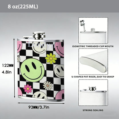 Checkerboard background with smiley faces and flowers Stainless Steel Mini Flask - Design for Valentine's Day, Christmas, Father's Day Gifts - Ideal for Him, Dad, Boyfriend (Compact Travel-Ready)