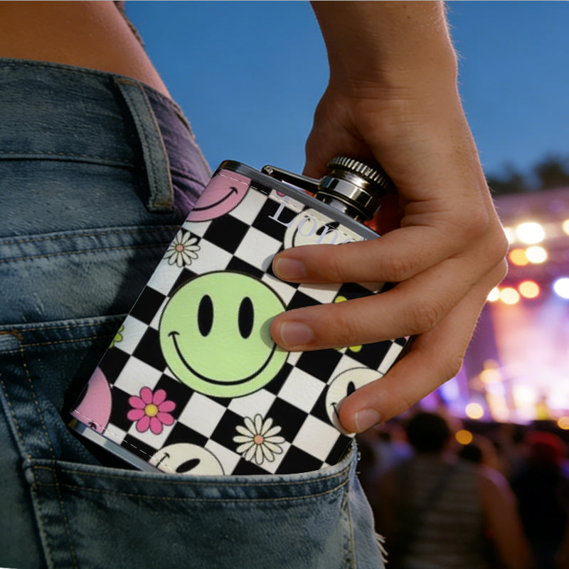 Checkerboard background with smiley faces and flowers Stainless Steel Mini Flask - Design for Valentine's Day, Christmas, Father's Day Gifts - Ideal for Him, Dad, Boyfriend (Compact Travel-Ready)