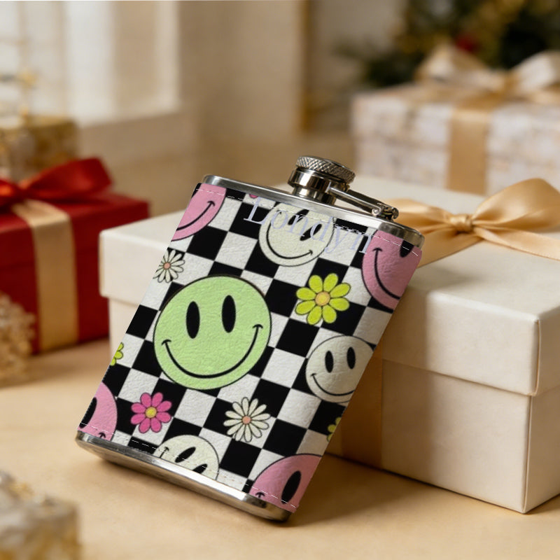 Checkerboard background with smiley faces and flowers Stainless Steel Mini Flask - Design for Valentine's Day, Christmas, Father's Day Gifts - Ideal for Him, Dad, Boyfriend (Compact Travel-Ready)