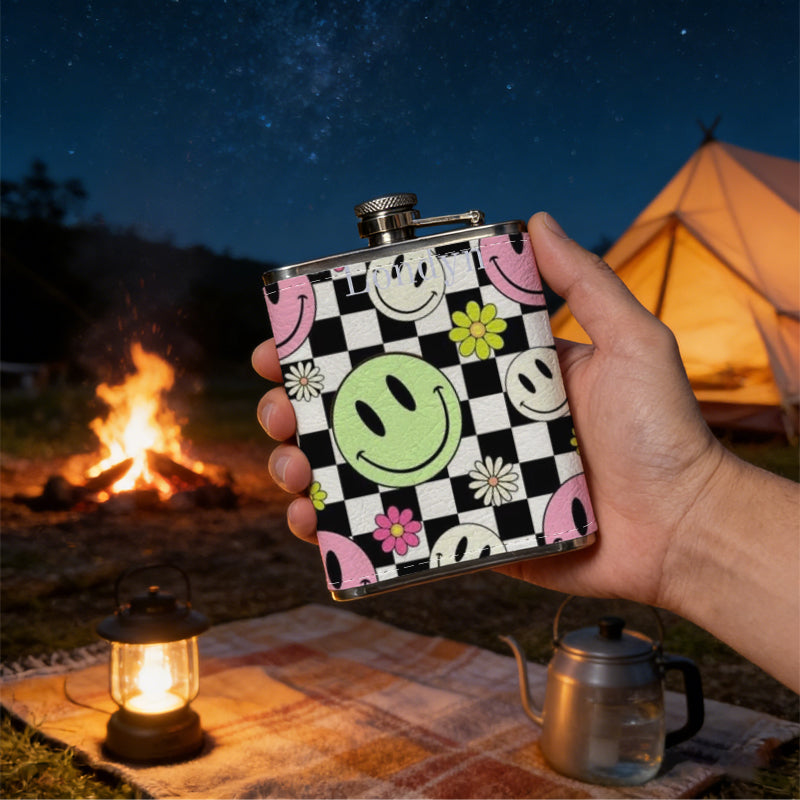 Checkerboard background with smiley faces and flowers Stainless Steel Mini Flask - Design for Valentine's Day, Christmas, Father's Day Gifts - Ideal for Him, Dad, Boyfriend (Compact Travel-Ready)