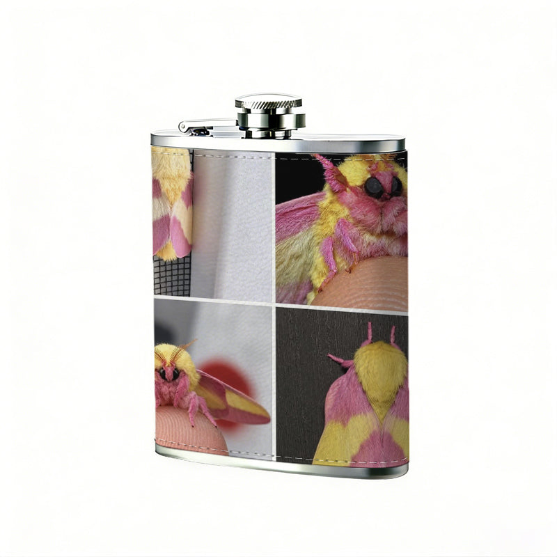 Four pink and yellow moths Stainless Steel Mini Flask - Design for Valentine's Day, Christmas, Father's Day Gifts - Ideal for Him, Dad, Boyfriend (Compact Travel-Ready)
