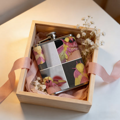 Four pink and yellow moths Stainless Steel Mini Flask - Design for Valentine's Day, Christmas, Father's Day Gifts - Ideal for Him, Dad, Boyfriend (Compact Travel-Ready)