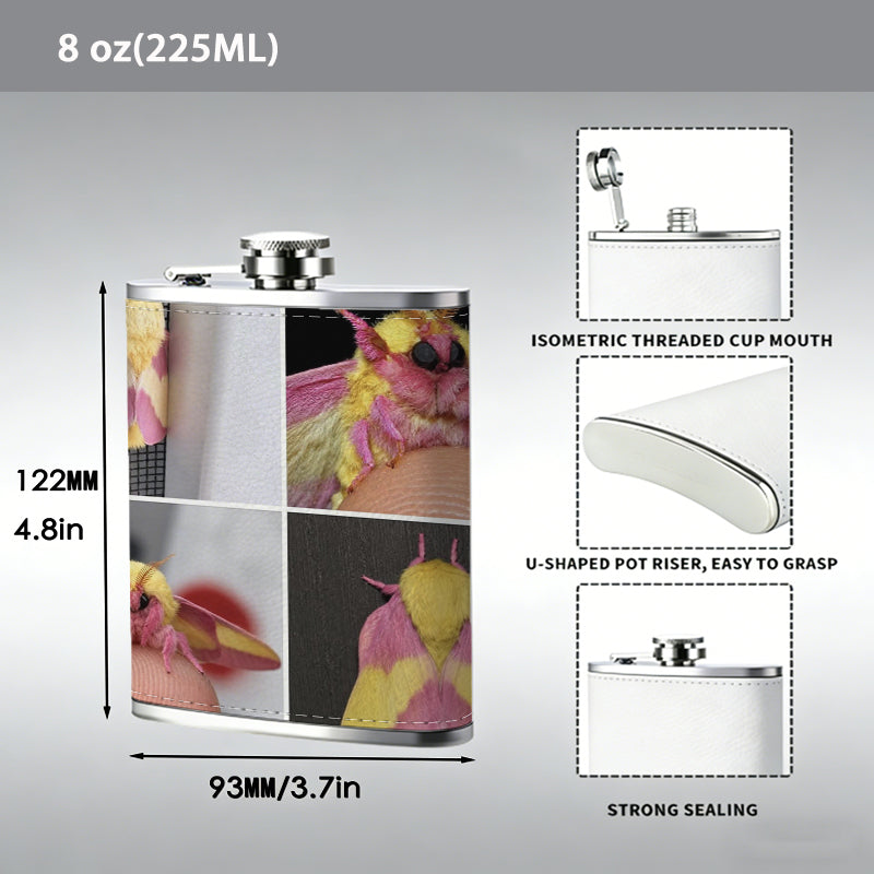 Four pink and yellow moths Stainless Steel Mini Flask - Design for Valentine's Day, Christmas, Father's Day Gifts - Ideal for Him, Dad, Boyfriend (Compact Travel-Ready)
