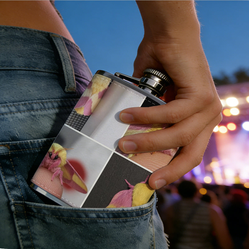 Four pink and yellow moths Stainless Steel Mini Flask - Design for Valentine's Day, Christmas, Father's Day Gifts - Ideal for Him, Dad, Boyfriend (Compact Travel-Ready)
