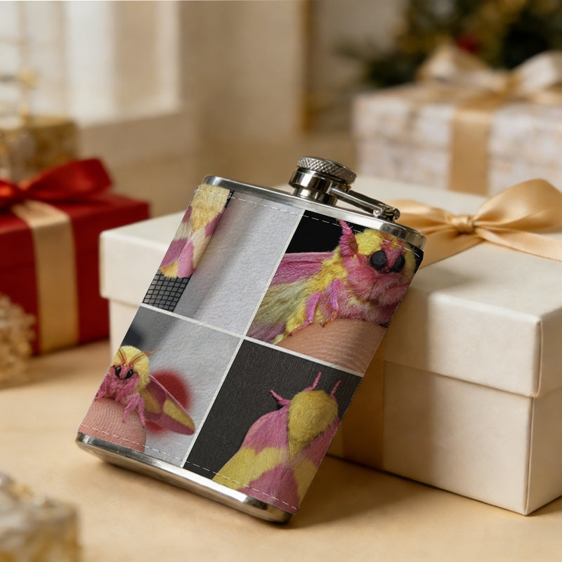 Four pink and yellow moths Stainless Steel Mini Flask - Design for Valentine's Day, Christmas, Father's Day Gifts - Ideal for Him, Dad, Boyfriend (Compact Travel-Ready)