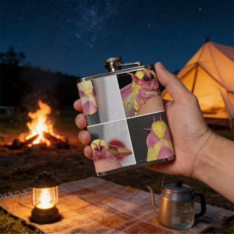 Four pink and yellow moths Stainless Steel Mini Flask - Design for Valentine's Day, Christmas, Father's Day Gifts - Ideal for Him, Dad, Boyfriend (Compact Travel-Ready)
