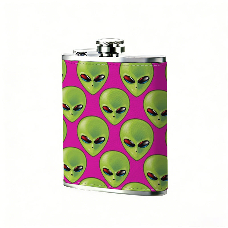 Green alien heads on pink background Stainless Steel Mini Flask - Design for Valentine's Day, Christmas, Father's Day Gifts - Ideal for Him, Dad, Boyfriend (Compact Travel-Ready)