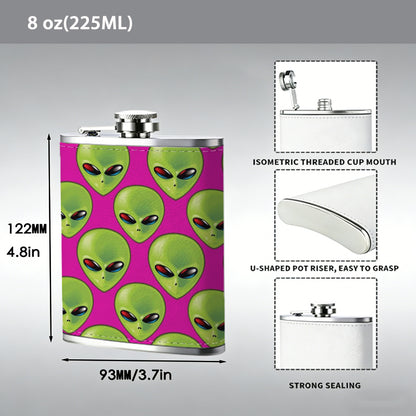 Green alien heads on pink background Stainless Steel Mini Flask - Design for Valentine's Day, Christmas, Father's Day Gifts - Ideal for Him, Dad, Boyfriend (Compact Travel-Ready)