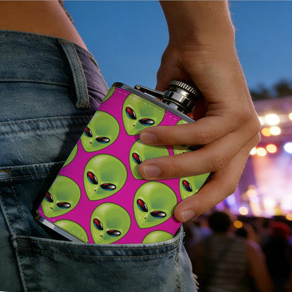 Green alien heads on pink background Stainless Steel Mini Flask - Design for Valentine's Day, Christmas, Father's Day Gifts - Ideal for Him, Dad, Boyfriend (Compact Travel-Ready)
