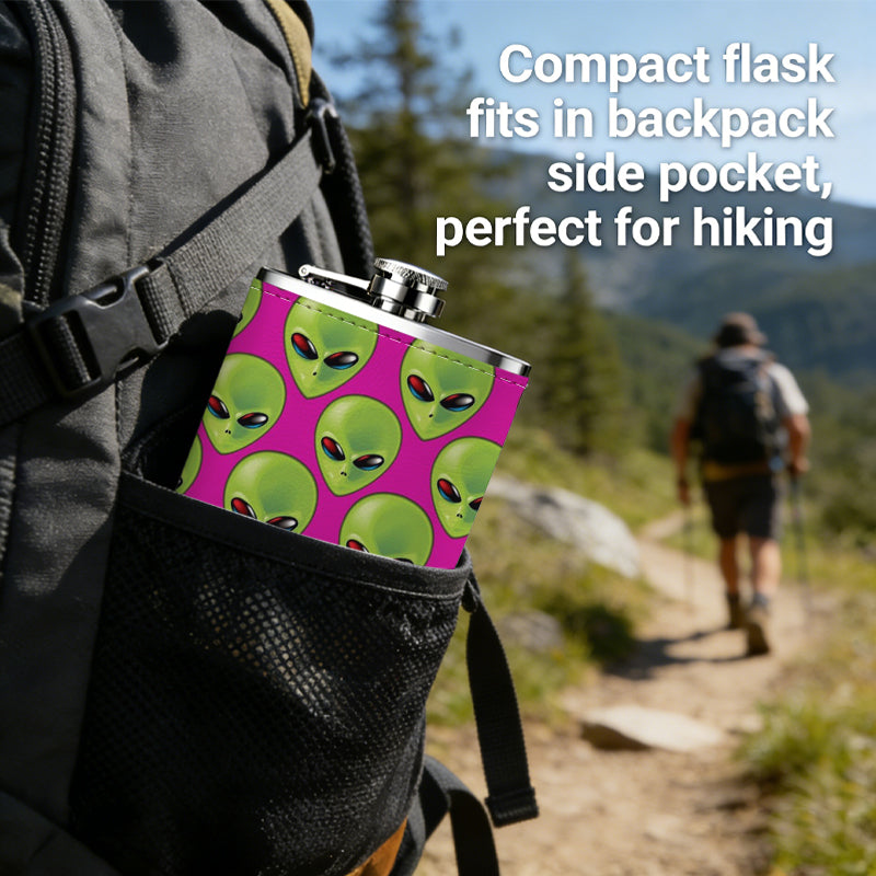 Green alien heads on pink background Stainless Steel Mini Flask - Design for Valentine's Day, Christmas, Father's Day Gifts - Ideal for Him, Dad, Boyfriend (Compact Travel-Ready)