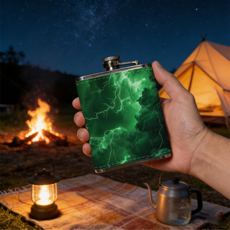 Abstract green glowing lightning patterns Stainless Steel Mini Flask - Design for Valentine's Day, Christmas, Father's Day Gifts - Ideal for Him, Dad, Boyfriend (Compact Travel-Ready)
