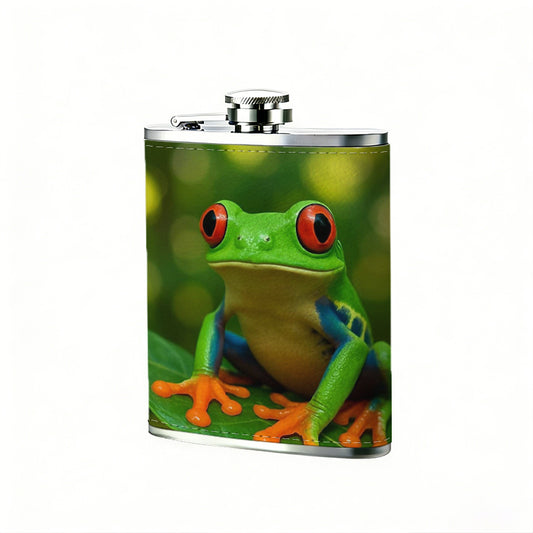 Red-eyed tree frog on green leaf Stainless Steel Mini Flask - Design for Valentine's Day, Christmas, Father's Day Gifts - Ideal for Him, Dad, Boyfriend (Compact Travel-Ready)