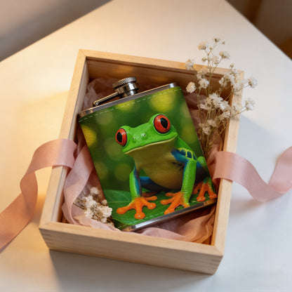 Red-eyed tree frog on green leaf Stainless Steel Mini Flask - Design for Valentine's Day, Christmas, Father's Day Gifts - Ideal for Him, Dad, Boyfriend (Compact Travel-Ready)