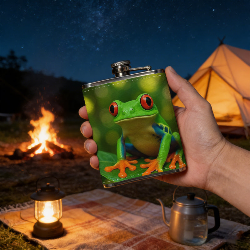 Red-eyed tree frog on green leaf Stainless Steel Mini Flask - Design for Valentine's Day, Christmas, Father's Day Gifts - Ideal for Him, Dad, Boyfriend (Compact Travel-Ready)