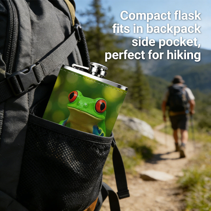 Red-eyed tree frog on green leaf Stainless Steel Mini Flask - Design for Valentine's Day, Christmas, Father's Day Gifts - Ideal for Him, Dad, Boyfriend (Compact Travel-Ready)