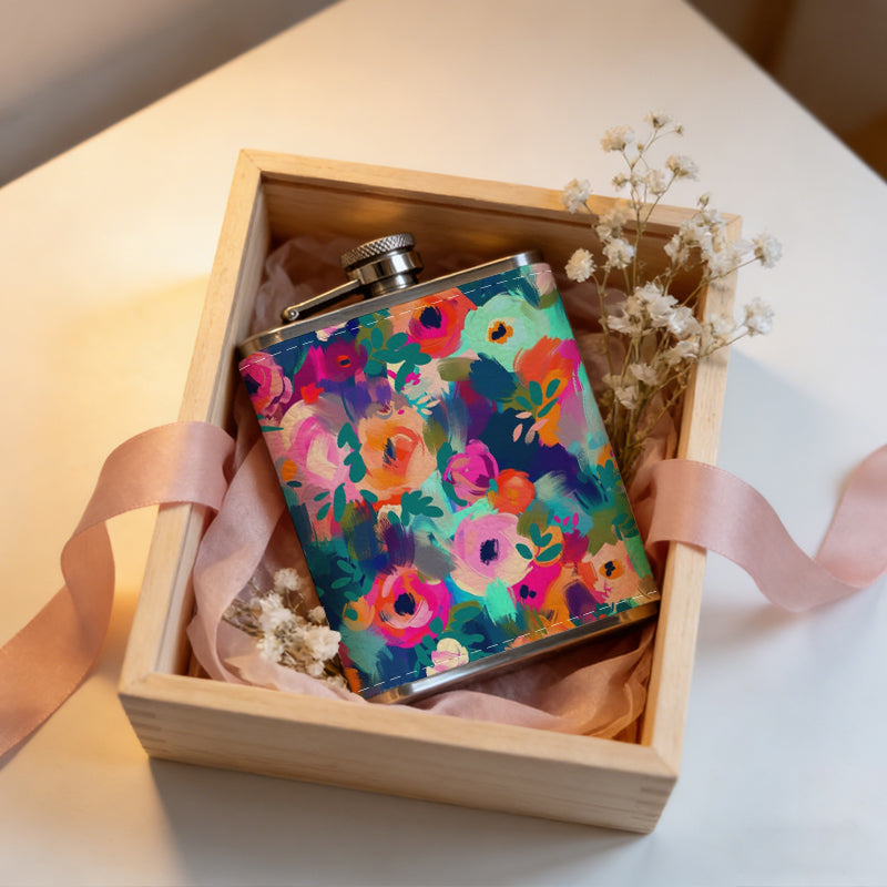 Colorful floral pattern Stainless Steel Mini Flask - Design for Valentine's Day, Christmas, Father's Day Gifts - Ideal for Him, Dad, Boyfriend (Compact Travel-Ready)