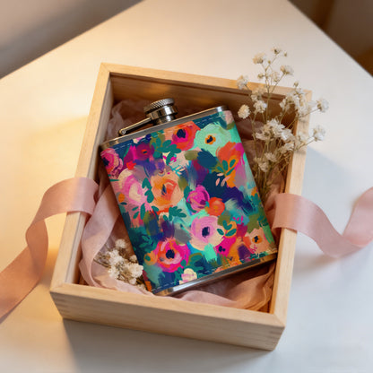 Colorful floral pattern Stainless Steel Mini Flask - Design for Valentine's Day, Christmas, Father's Day Gifts - Ideal for Him, Dad, Boyfriend (Compact Travel-Ready)