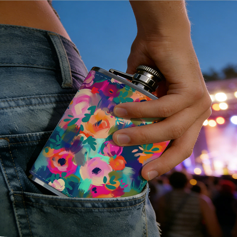 Colorful floral pattern Stainless Steel Mini Flask - Design for Valentine's Day, Christmas, Father's Day Gifts - Ideal for Him, Dad, Boyfriend (Compact Travel-Ready)