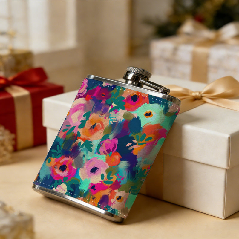 Colorful floral pattern Stainless Steel Mini Flask - Design for Valentine's Day, Christmas, Father's Day Gifts - Ideal for Him, Dad, Boyfriend (Compact Travel-Ready)