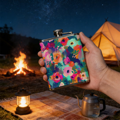 Colorful floral pattern Stainless Steel Mini Flask - Design for Valentine's Day, Christmas, Father's Day Gifts - Ideal for Him, Dad, Boyfriend (Compact Travel-Ready)