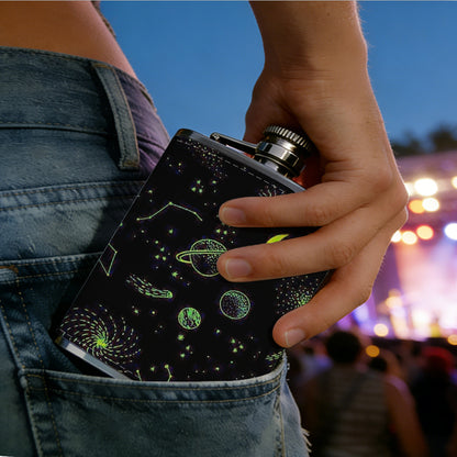 Glowing crescent and orbs on dark background Stainless Steel Mini Flask - Design for Valentine's Day, Christmas, Father's Day Gifts - Ideal for Him, Dad, Boyfriend (Compact Travel-Ready)