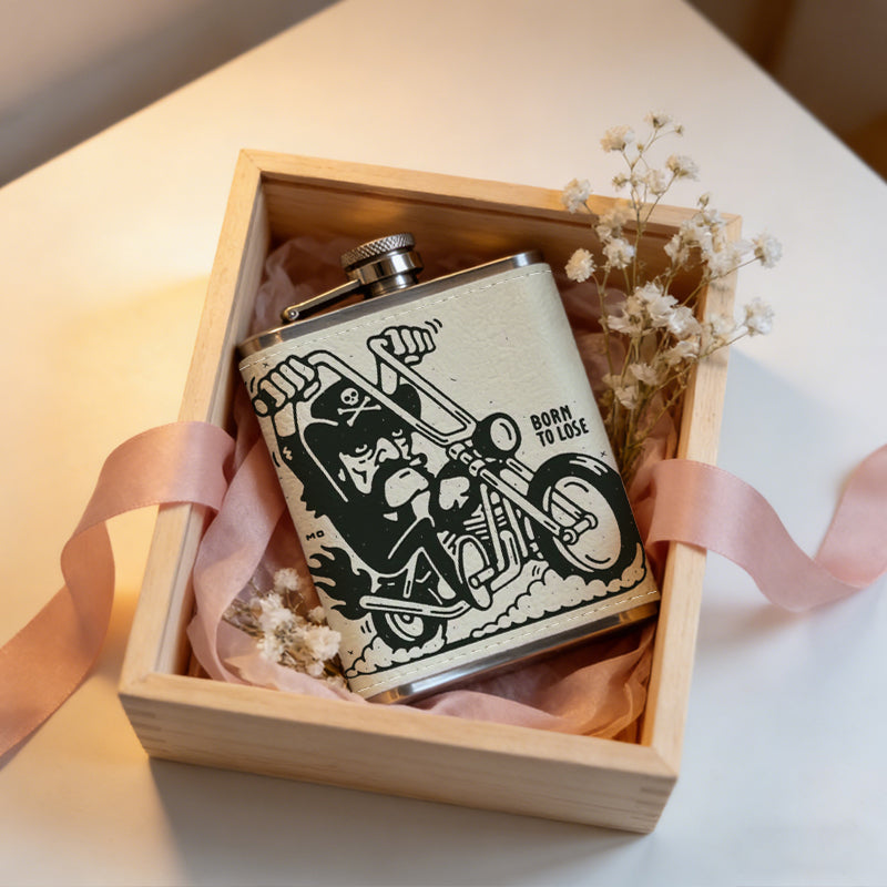 Black and white chopper motorcycle Stainless Steel Mini Flask - Design for Valentine's Day, Christmas, Father's Day Gifts - Ideal for Him, Dad, Boyfriend (Compact Travel-Ready)