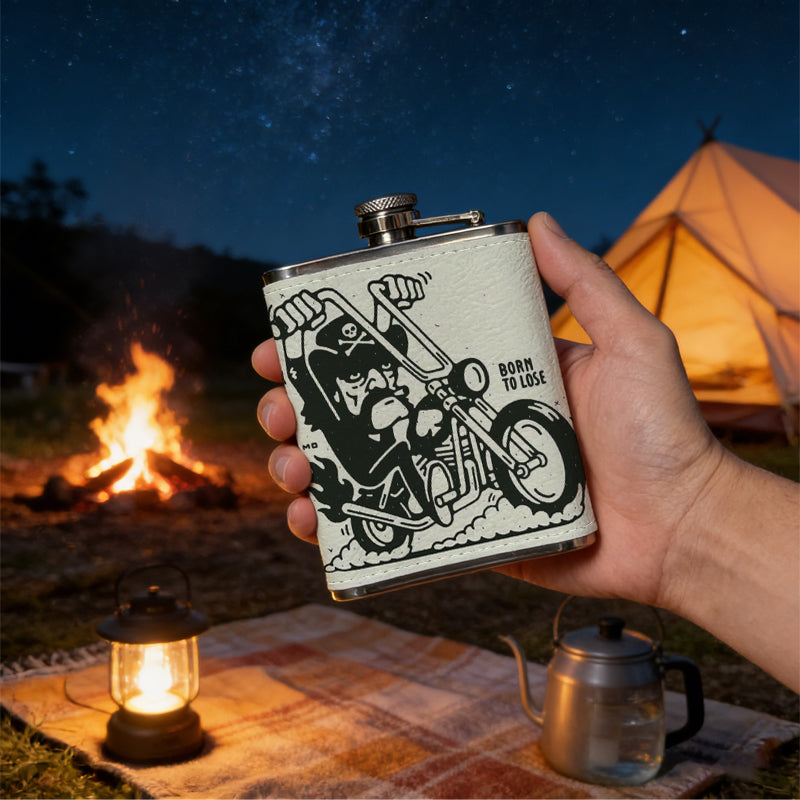 Black and white chopper motorcycle Stainless Steel Mini Flask - Design for Valentine's Day, Christmas, Father's Day Gifts - Ideal for Him, Dad, Boyfriend (Compact Travel-Ready)