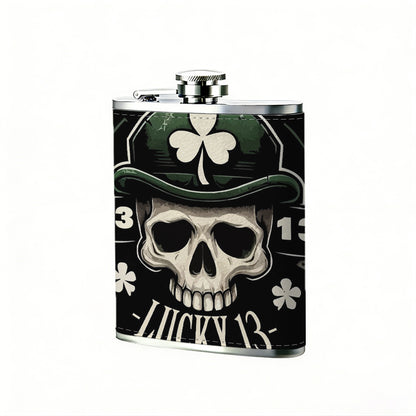 Skull with shamrock hat and lucky 13 Stainless Steel Mini Flask - Design for Valentine's Day, Christmas, Father's Day Gifts - Ideal for Him, Dad, Boyfriend (Compact Travel-Ready)