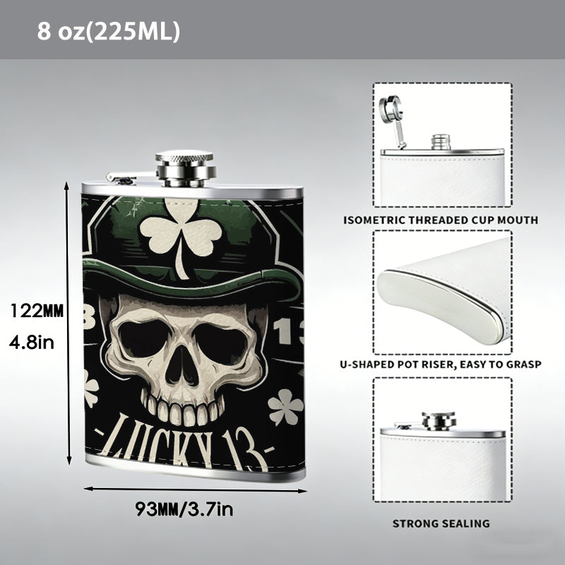 Skull with shamrock hat and lucky 13 Stainless Steel Mini Flask - Design for Valentine's Day, Christmas, Father's Day Gifts - Ideal for Him, Dad, Boyfriend (Compact Travel-Ready)