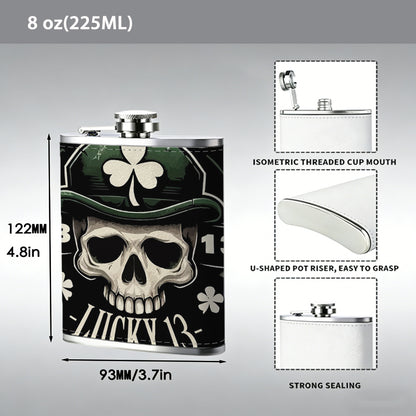 Skull with shamrock hat and lucky 13 Stainless Steel Mini Flask - Design for Valentine's Day, Christmas, Father's Day Gifts - Ideal for Him, Dad, Boyfriend (Compact Travel-Ready)
