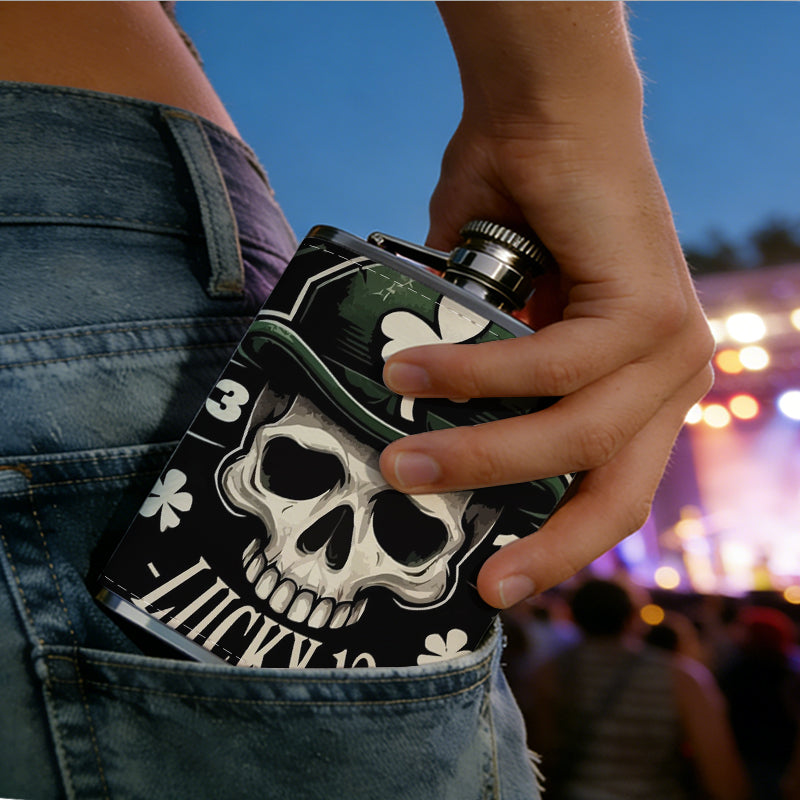 Skull with shamrock hat and lucky 13 Stainless Steel Mini Flask - Design for Valentine's Day, Christmas, Father's Day Gifts - Ideal for Him, Dad, Boyfriend (Compact Travel-Ready)