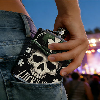 Skull with shamrock hat and lucky 13 Stainless Steel Mini Flask - Design for Valentine's Day, Christmas, Father's Day Gifts - Ideal for Him, Dad, Boyfriend (Compact Travel-Ready)