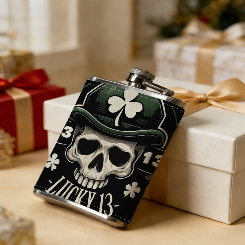 Skull with shamrock hat and lucky 13 Stainless Steel Mini Flask - Design for Valentine's Day, Christmas, Father's Day Gifts - Ideal for Him, Dad, Boyfriend (Compact Travel-Ready)