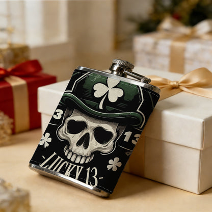 Skull with shamrock hat and lucky 13 Stainless Steel Mini Flask - Design for Valentine's Day, Christmas, Father's Day Gifts - Ideal for Him, Dad, Boyfriend (Compact Travel-Ready)