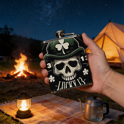 Skull with shamrock hat and lucky 13 Stainless Steel Mini Flask - Design for Valentine's Day, Christmas, Father's Day Gifts - Ideal for Him, Dad, Boyfriend (Compact Travel-Ready)