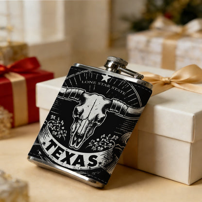 Texas longhorn skull badge Stainless Steel Mini Flask - Design for Valentine's Day, Christmas, Father's Day Gifts - Ideal for Him, Dad, Boyfriend (Compact Travel-Ready)
