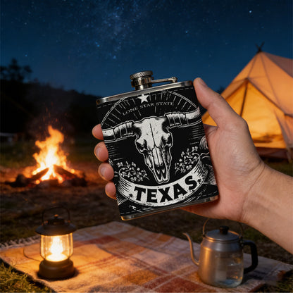 Texas longhorn skull badge Stainless Steel Mini Flask - Design for Valentine's Day, Christmas, Father's Day Gifts - Ideal for Him, Dad, Boyfriend (Compact Travel-Ready)