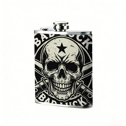 Skull, crossed knives and BAD LUCK emblem Stainless Steel Mini Flask - Design for Valentine's Day, Christmas, Father's Day Gifts - Ideal for Him, Dad, Boyfriend (Compact Travel-Ready)