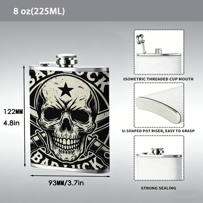 Skull, crossed knives and BAD LUCK emblem Stainless Steel Mini Flask - Design for Valentine's Day, Christmas, Father's Day Gifts - Ideal for Him, Dad, Boyfriend (Compact Travel-Ready)