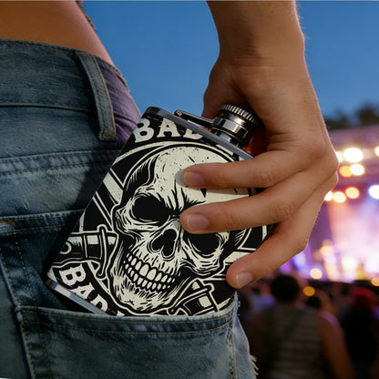 Skull, crossed knives and BAD LUCK emblem Stainless Steel Mini Flask - Design for Valentine's Day, Christmas, Father's Day Gifts - Ideal for Him, Dad, Boyfriend (Compact Travel-Ready)