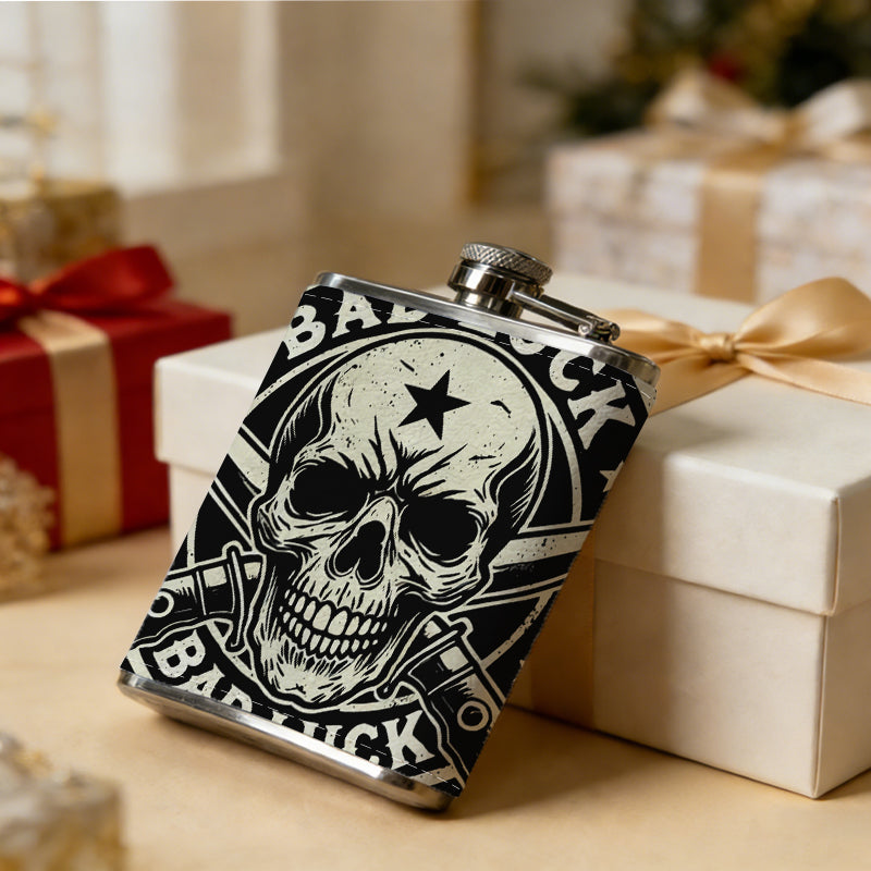 Skull, crossed knives and BAD LUCK emblem Stainless Steel Mini Flask - Design for Valentine's Day, Christmas, Father's Day Gifts - Ideal for Him, Dad, Boyfriend (Compact Travel-Ready)