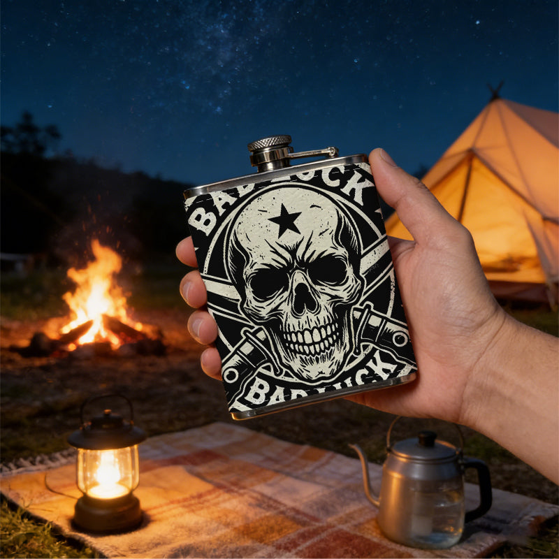 Skull, crossed knives and BAD LUCK emblem Stainless Steel Mini Flask - Design for Valentine's Day, Christmas, Father's Day Gifts - Ideal for Him, Dad, Boyfriend (Compact Travel-Ready)
