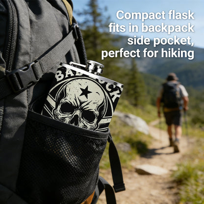 Skull, crossed knives and BAD LUCK emblem Stainless Steel Mini Flask - Design for Valentine's Day, Christmas, Father's Day Gifts - Ideal for Him, Dad, Boyfriend (Compact Travel-Ready)